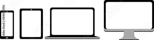 Digital device mockups set with phone, tablet, laptop and computer. Simple black outline icons on white background. Modern technology illustration for web design, presentations and UI/UX projects.