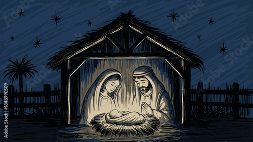 Hand-drawn illustration of the Holy Family adoring the newborn in a rustic stable under a tranquil starry night sky, capturing a sacred moment of birth.