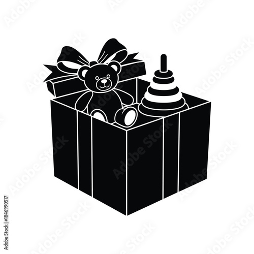 Teddy bear with ring stacker toy gift box silhouette Vector illustration