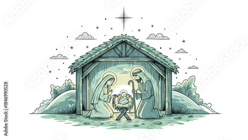 Serene hand-drawn illustration of the traditional nativity scene with the Holy Family in a stable at night.