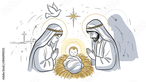 Sacred nativity illustration: Mary and Joseph reverently adore the infant, guided by a shining star and a peaceful dove.