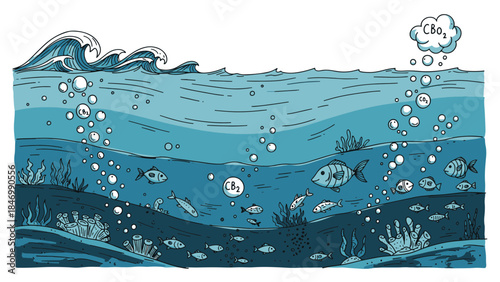 Underwater Ocean Scene with Fish, Bubbles, and Sea Plants, Marine Life Background Illustration