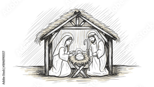 Evocative hand-sketched monochrome illustration showing the holy family adoring the newborn in a rustic stable at night, capturing a timeless spiritual moment.