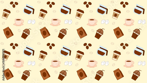 Seamless coffee pattern featuring cups, coffee beans, takeaway mugs, jars, chocolate bars, and sugar cubes on a light cream background, expressing café lifestyle, warmth, and cozy beverage moments
