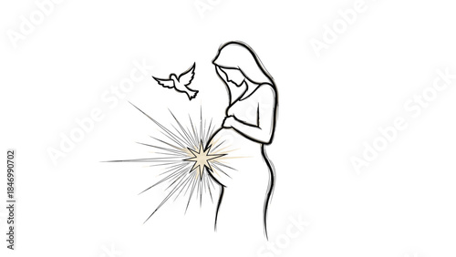 Abstract graphic art of a woman's silhouette with a dove and radiant starburst, symbolizing inner peace and hope.