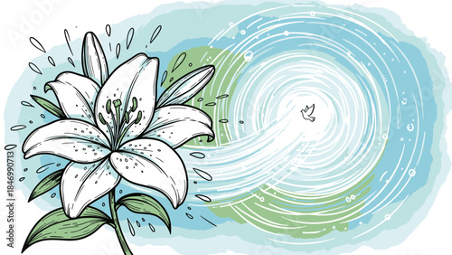 Elegantly dark lily illustration with swirling vortex and flowing lines on an abstract blue-green textured background, conceptual nature art.