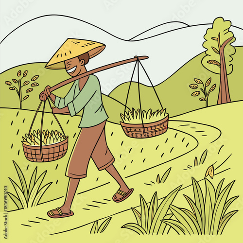 Smiling farmer carries baskets full of harvest with pole through the fields on a sunny day
