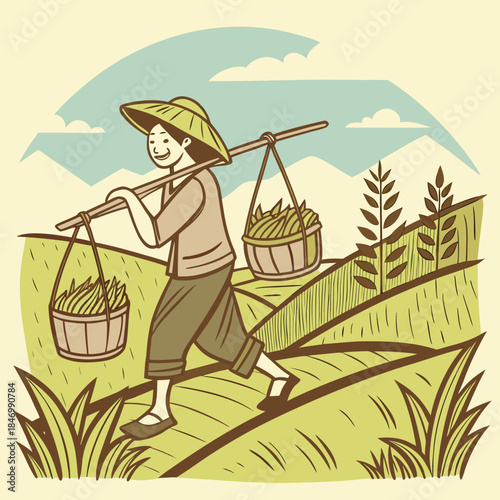 Smiling Asian farmer in hat carries harvested crops with pole through field