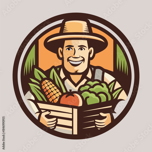 Smiling farmer in hat carries a wood box full of fresh harvested vegetables proudly