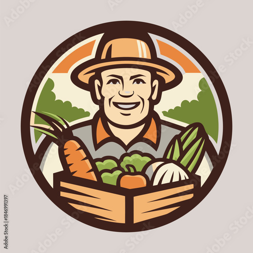 Smiling farmer with hat is holding wooden box filled with colorful fresh vegetables