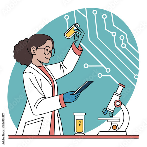 Young woman examines test tube near microscope in laboratory with digital tablet