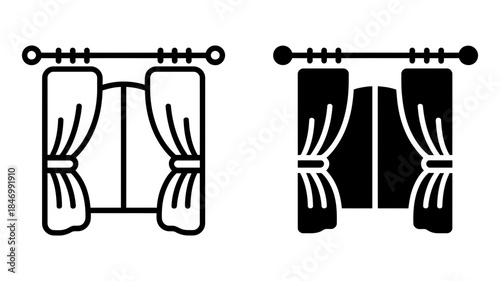Curtains icon set with line art and silhouette design variations for home decoration themes