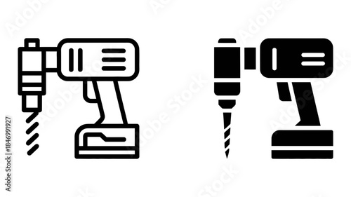 A versatile icon set featuring two variations of a cordless power drill: outline and solid fill