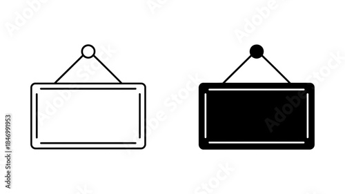 Simple black and white icons of a hanging sign for business or information display
