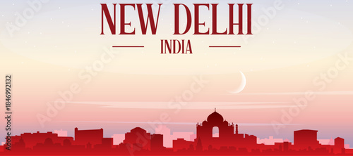 Red panoramic poster of the city skyline with misty background buildings, sunrise, moon and clouds of NEW DELHI, INDIA