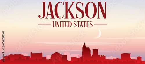 Red panoramic poster of the city skyline with misty background buildings, sunrise, moon and clouds of JACKSON, UNITED STATES