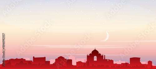 Red panoramic poster of the city skyline with misty background buildings, sunrise, moon and clouds of NEW DELHI, INDIA