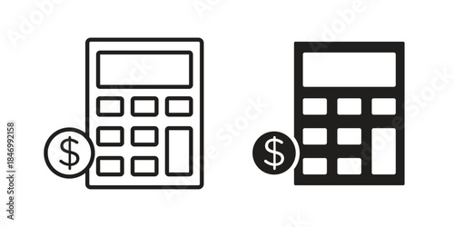 Calculator and dollar icon element in flat simple style. Thin stroke editable icons