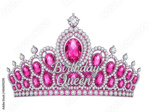 Elegant pink tiara with gems and birthday queen script on transparent background