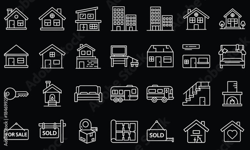 Real Estate & Property Outline Icons Set – House, Home, Building & Architecture Line Vector Pack