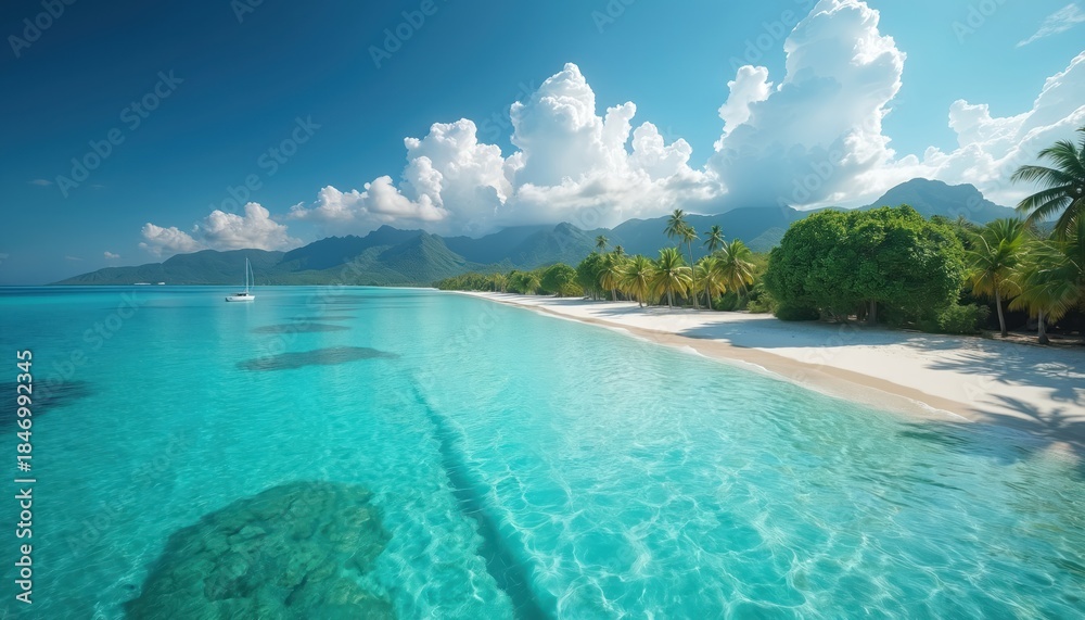 Fototapeta premium Tropical island with white sand beach blue ocean water and palm trees. Sailboat floats on clear turquoise sea near mountains under cloudy sky. Rich green vegetation covers coastal land.