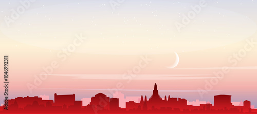 Red panoramic poster of the city skyline with misty background buildings, sunrise, moon and clouds of BANGKOK, THAILAND