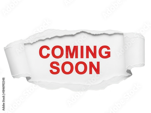 Torn paper ribbon with coming soon text on transparent background