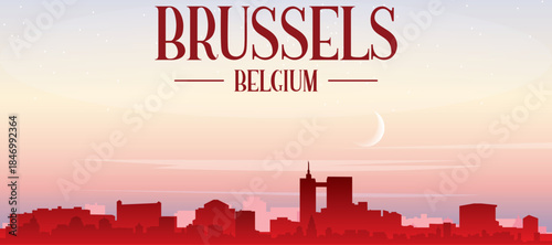 Red panoramic poster of the city skyline with misty background buildings, sunrise, moon and clouds of BRUSSELS, BELGIUM