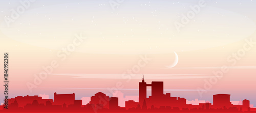 Red panoramic poster of the city skyline with misty background buildings, sunrise, moon and clouds of BRUSSELS, BELGIUM
