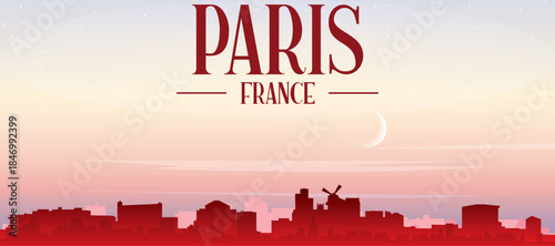 Red panoramic poster of the city skyline with misty background buildings, sunrise, moon and clouds of PARIS, FRANCE