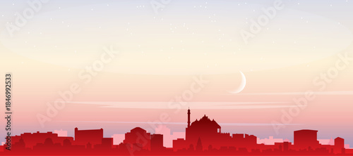 Red panoramic poster of the city skyline with misty background buildings, sunrise, moon and clouds of NEW DELHI, INDIA
