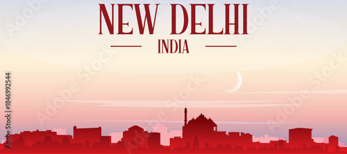 Red panoramic poster of the city skyline with misty background buildings, sunrise, moon and clouds of NEW DELHI, INDIA