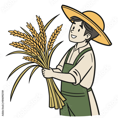 Smiling farmer in hat proudly holds freshly harvested wheat stalks with both hands