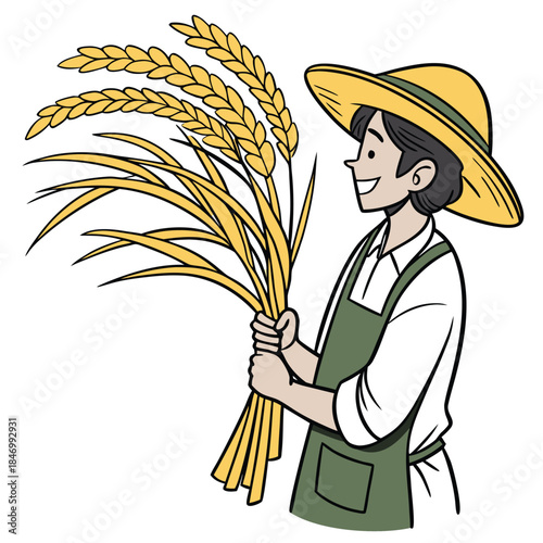 Smiling farmer wearing straw hat holds harvested wheat stalks in his hands