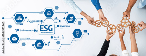A visual representation of sustainable business concepts focusing on environmental, social, and governance practices with gears symbolizing teamwork and strategy development. Amity