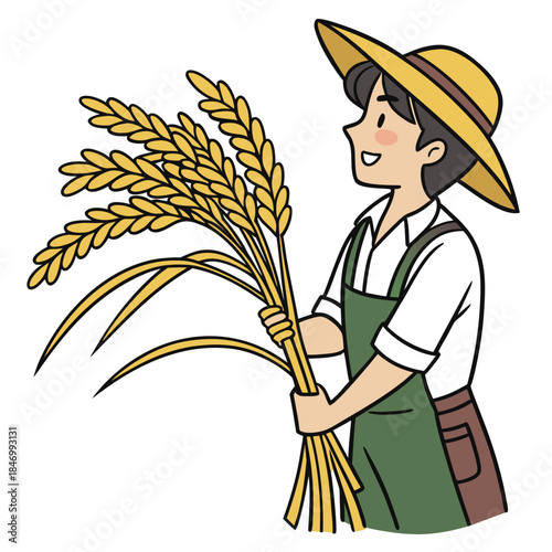 Smiling farmer with a hat carries the wheat in hand looking ahead happily