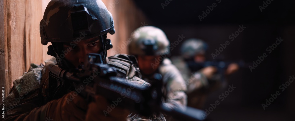 Naklejka premium Close quarters combat training involves disciplined soldiers executing precise tactical maneuvers inside confined indoor spaces