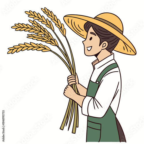Smiling farmer in hat holds harvested wheat stalks happily, celebrating the agriculture work