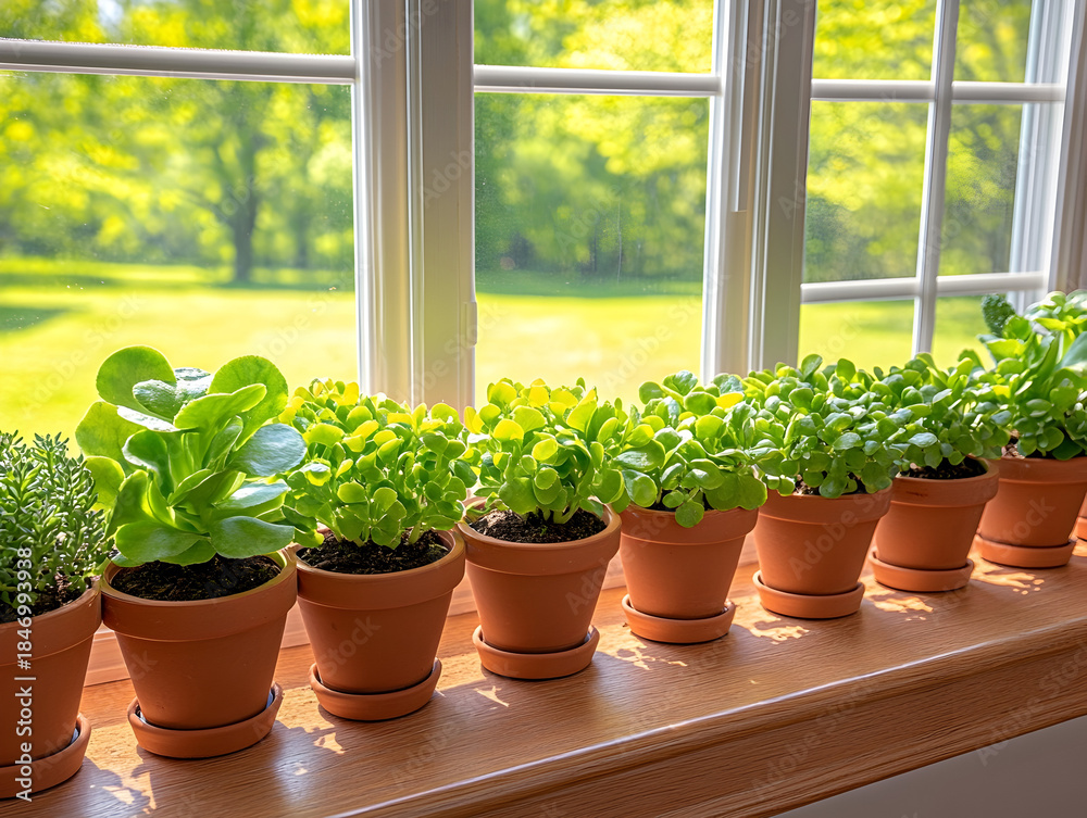Fototapeta premium Lush green plants thriving in terracotta pots on a sunlit windowsill, with a vibrant garden visible outside
