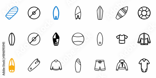 Icons of surfing gear including a surfboard for ocean sports and beach activities