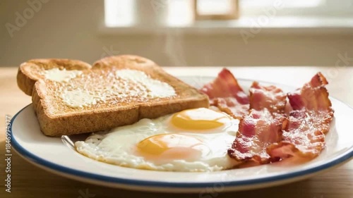 Hearty breakfast of fried eggs, crispy bacon, and buttered toast served on a plate.