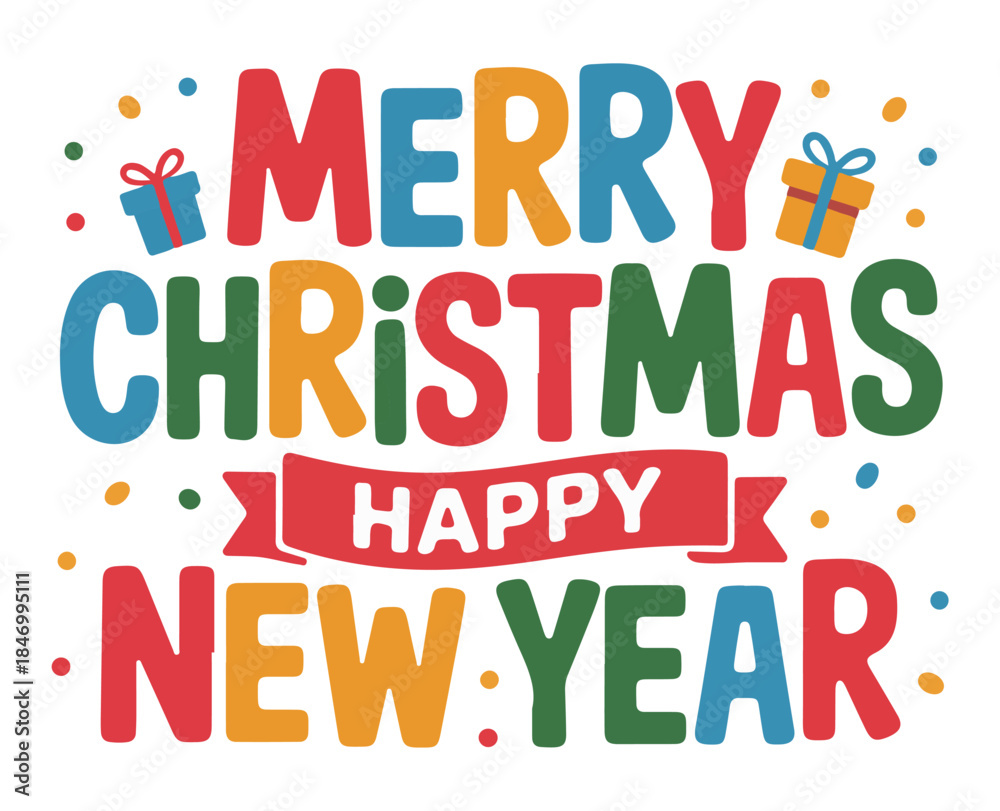 Fototapeta premium Merry Christmas Happy New Year Colorful Text