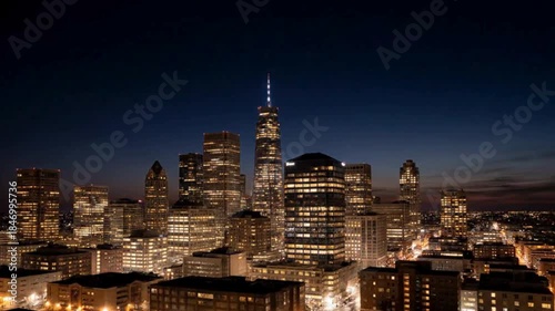 Gleaming city skyline illuminated at dusk with towering skyscrapers and vibrant lights.