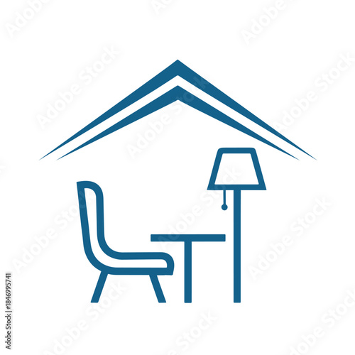 Minimalist blue line of a chair, table, and floor lamp under a roof