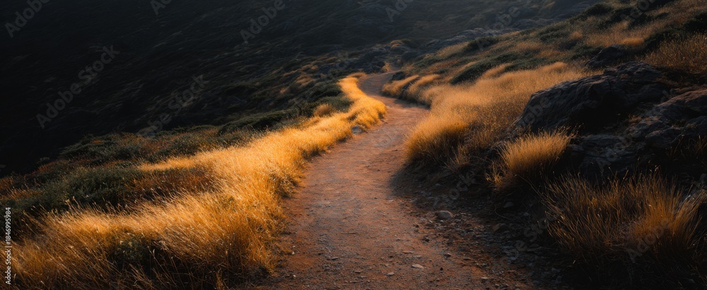 Fototapeta premium Golden hour sunlight bathes a serene winding trail in rich warm tones