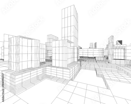 Foto Renderizado en malla blanco y negro de edificios altos alineados sobre vía central en perspectiva digital