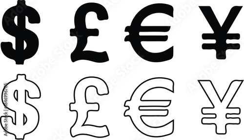currency sign symbols dollar euro yen pound black black line icons set vector design