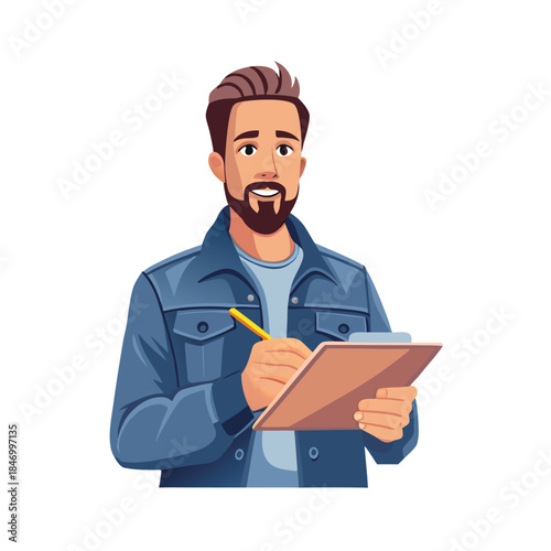 Smiling bearded man wearing a jacket holds a clipboard and takes notes with a pencil