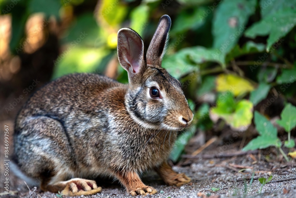 Fototapeta premium An eastern cottontail rabbit sitting attentively on the ground amidst lush green foliage
