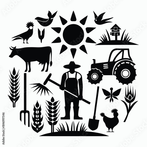 Silhouette farmer holding tools surrounded by agriculture and farm elements creates a rural farming scene